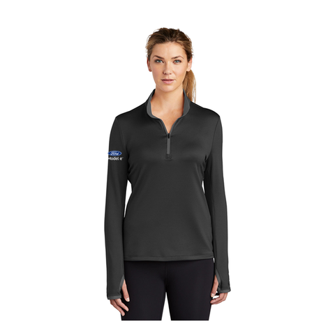 Model e Ladies Nike Dri-Fit Stretch 1/2 zip Black-Gray  BICEP LOGO